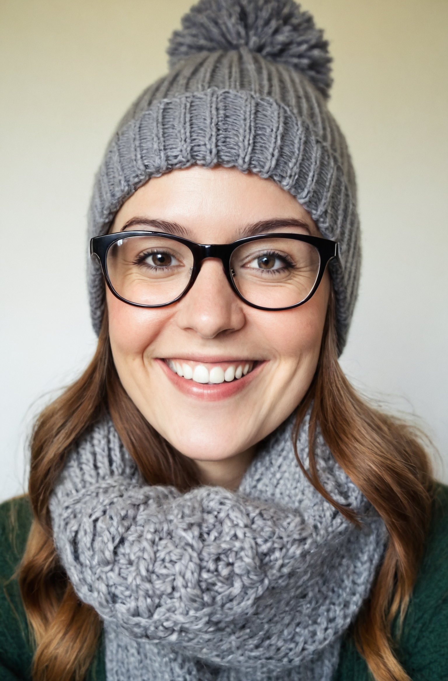 00120-photograph, portrait, face, skin details, a woman wearing a gray knitted hat and glasses smiles for the camera, inspired by Loui.png